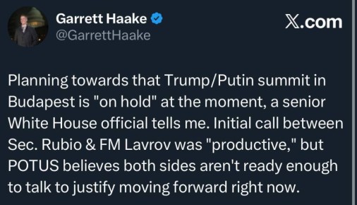Олег Царёв: Планирование саммита Трампа и Путина в Будапеште в настоящее время приостановлено, — пишет журналист NBC News Гаррет Хааке со ссылкой на высокопоставленного представителя Белого дома