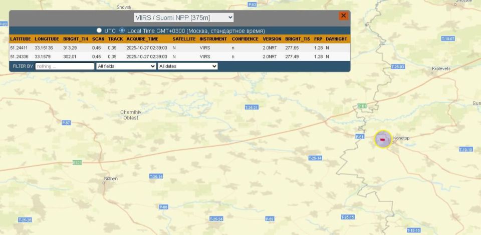 Сервис FIRMS показывает пожар на территории аэродрома в Конотопе